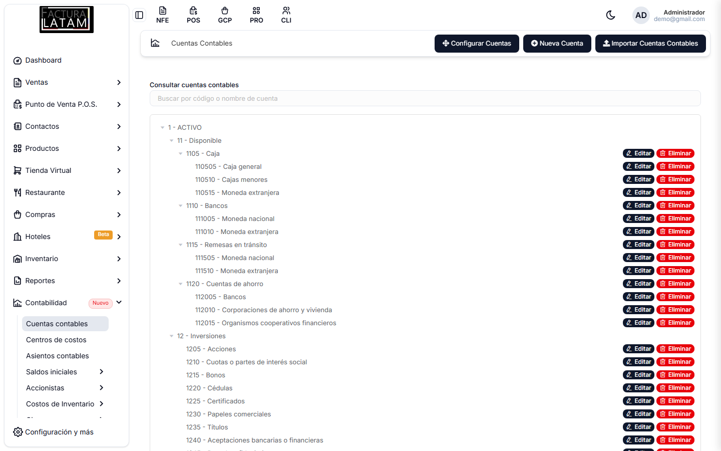 Pantalla de Cuentas contables, con el plan de cuentas y sus acciones