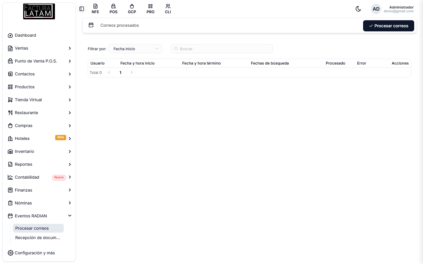 Pantalla de correos procesados, con el historial de cada ejecución