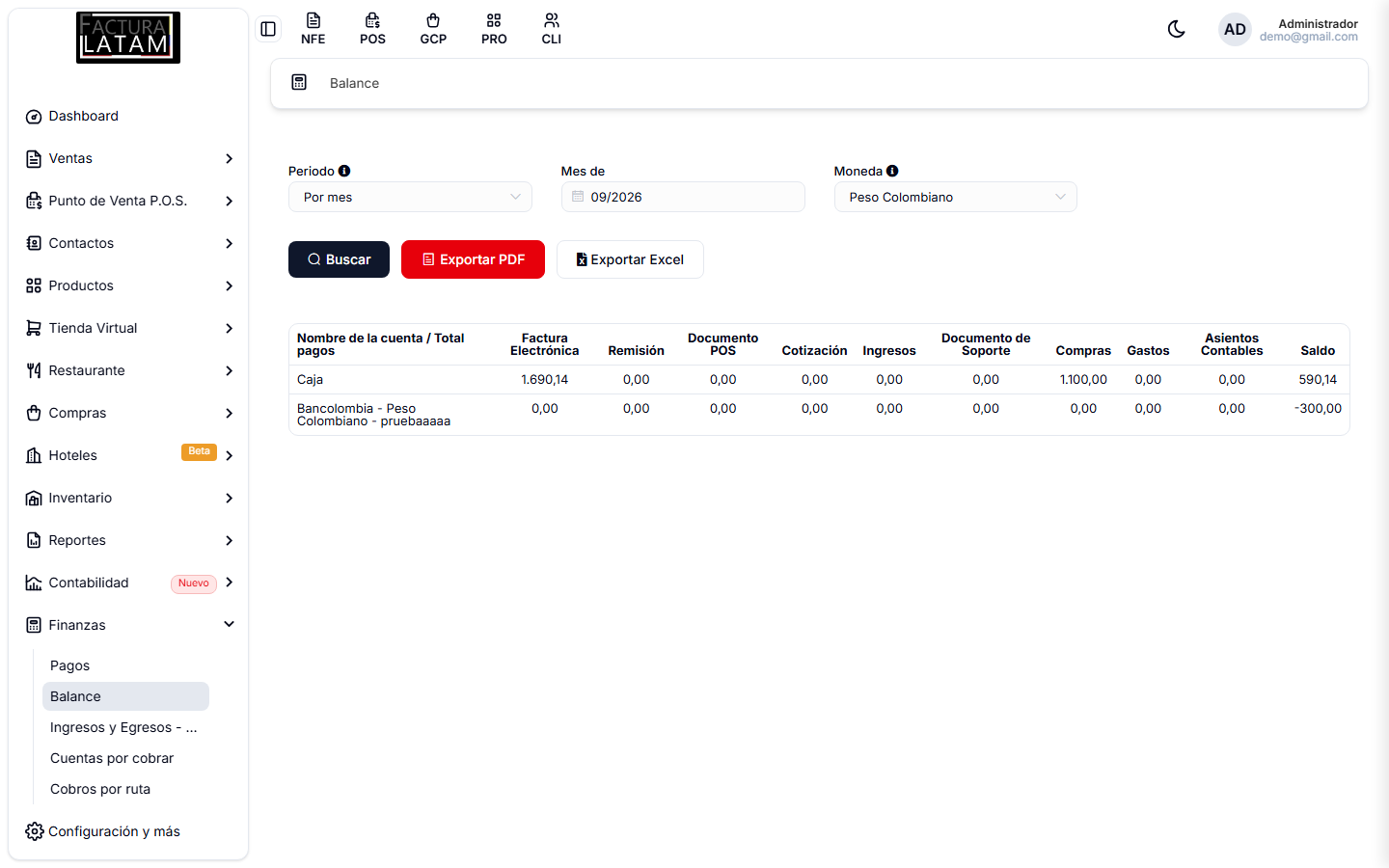 Pantalla de Balance, con el saldo de cada cuenta desglosado por tipo de documento