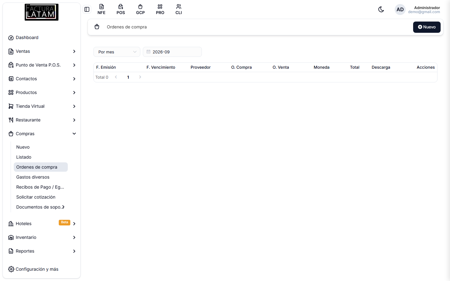 Listado de órdenes de compra, con el filtro por mes