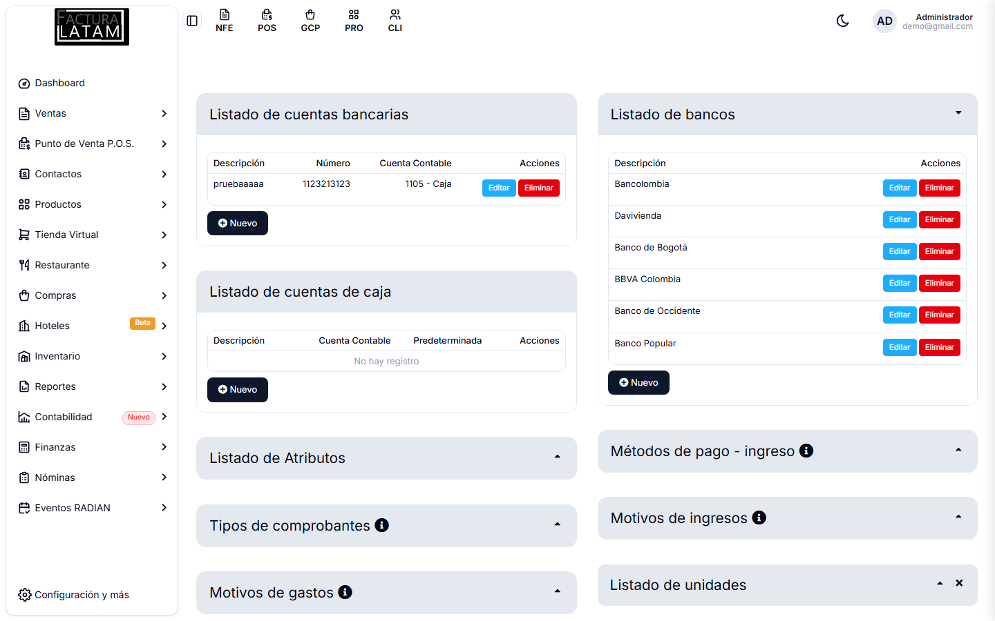 Pantalla de catálogos, con los bloques de cuentas bancarias, cuentas de caja y bancos