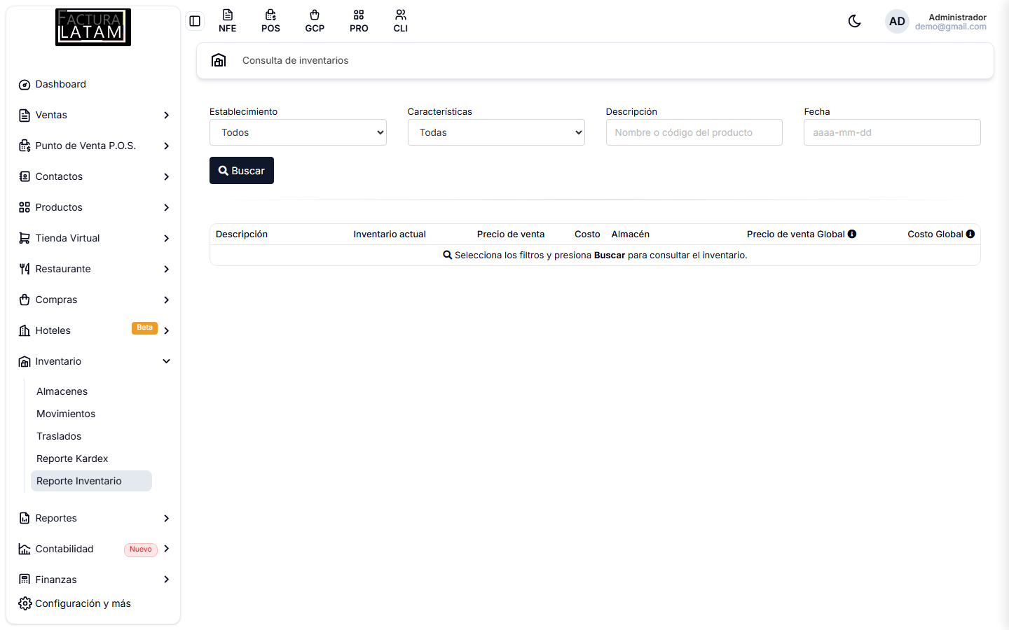 Pantalla de Consulta de inventarios, con sus filtros y el aviso de presionar Buscar
