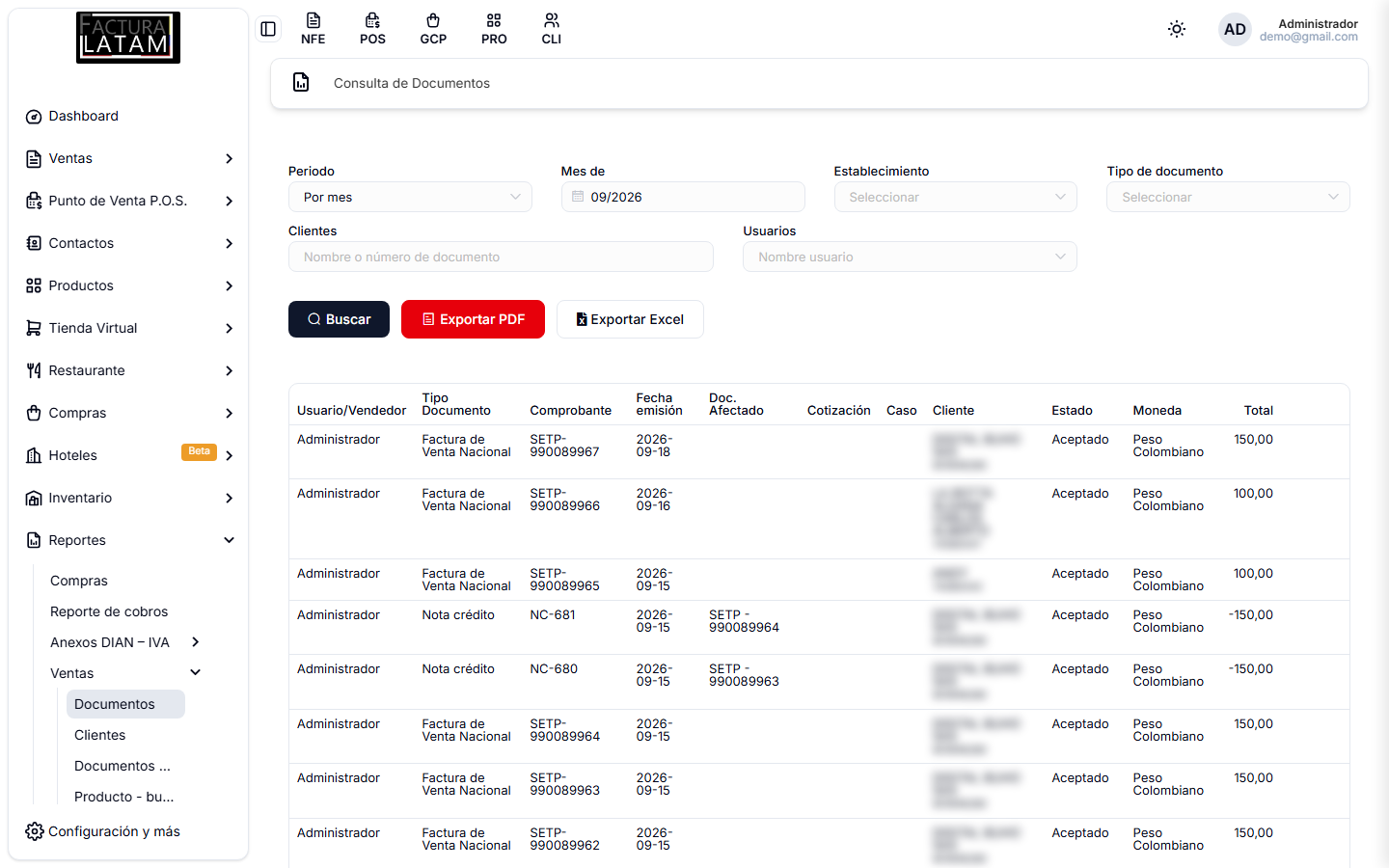 Consulta de Documentos, con los filtros arriba y el listado de ventas del periodo