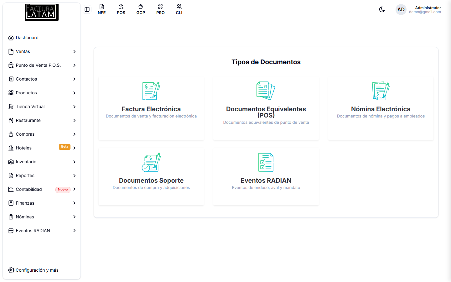 Pantalla de tipos de documento, con una tarjeta por cada ambiente configurable