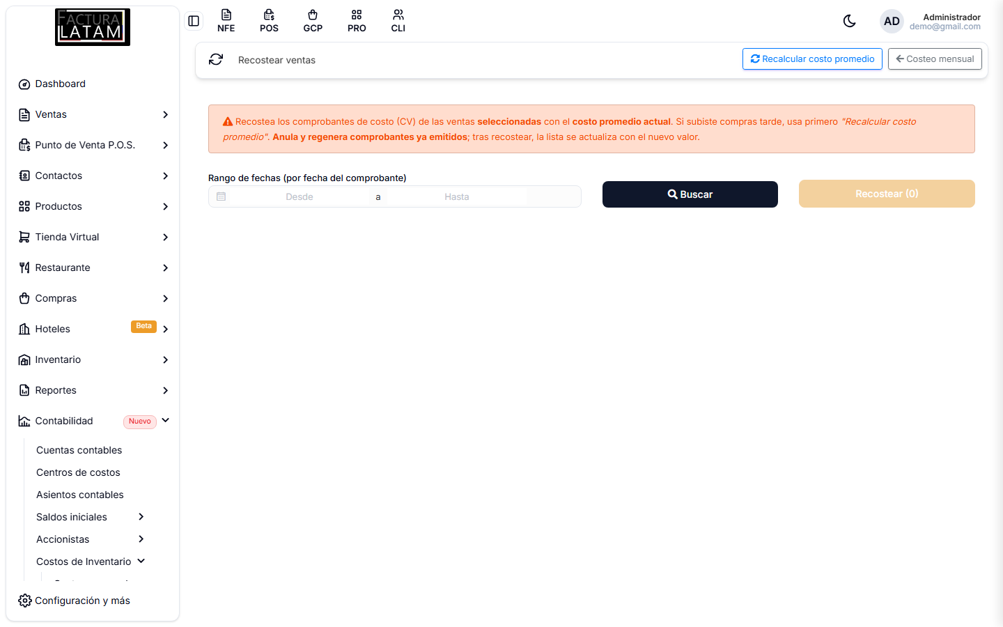 Pantalla de Recostear ventas