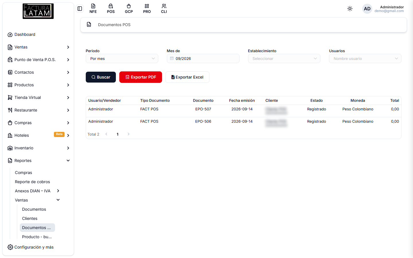 Reporte de Documentos POS, con los tiquetes del periodo y su usuario