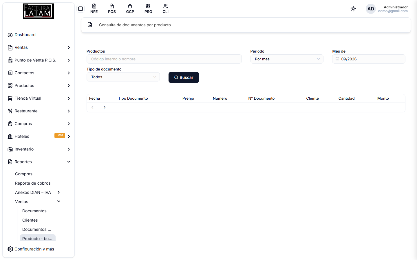 Consulta de documentos por producto, con el campo de búsqueda del producto arriba