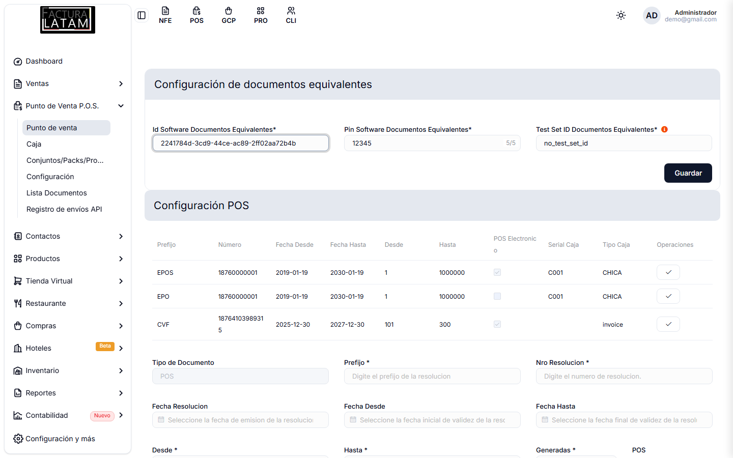 Configuración del POS, con las credenciales de documentos equivalentes arriba y las resoluciones abajo