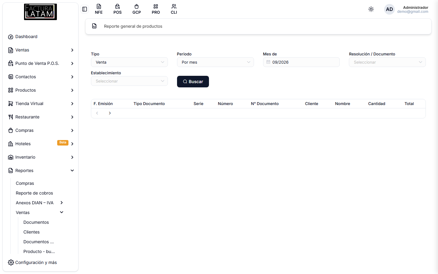 Reporte general de productos, con sus filtros por tipo, periodo y resolución