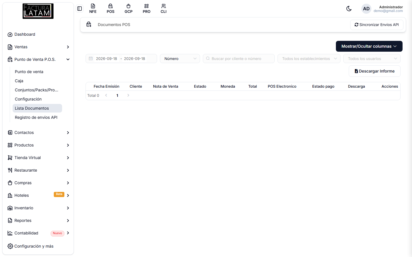 Pantalla Documentos POS, con el rango de fechas y los filtros por establecimiento y usuario