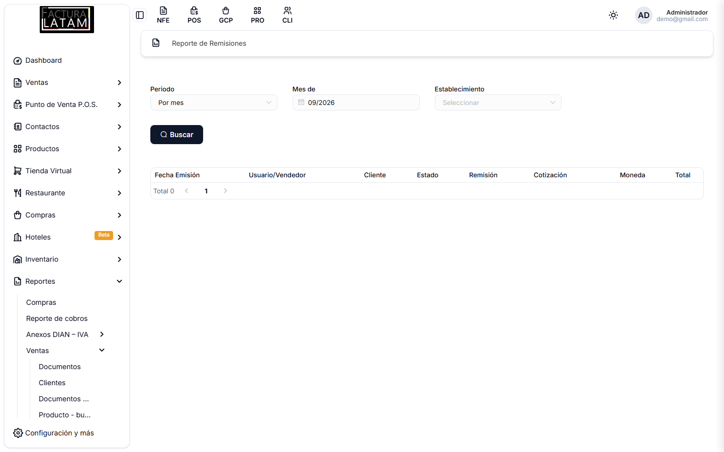 Reporte de remisiones, con sus filtros por periodo y cliente