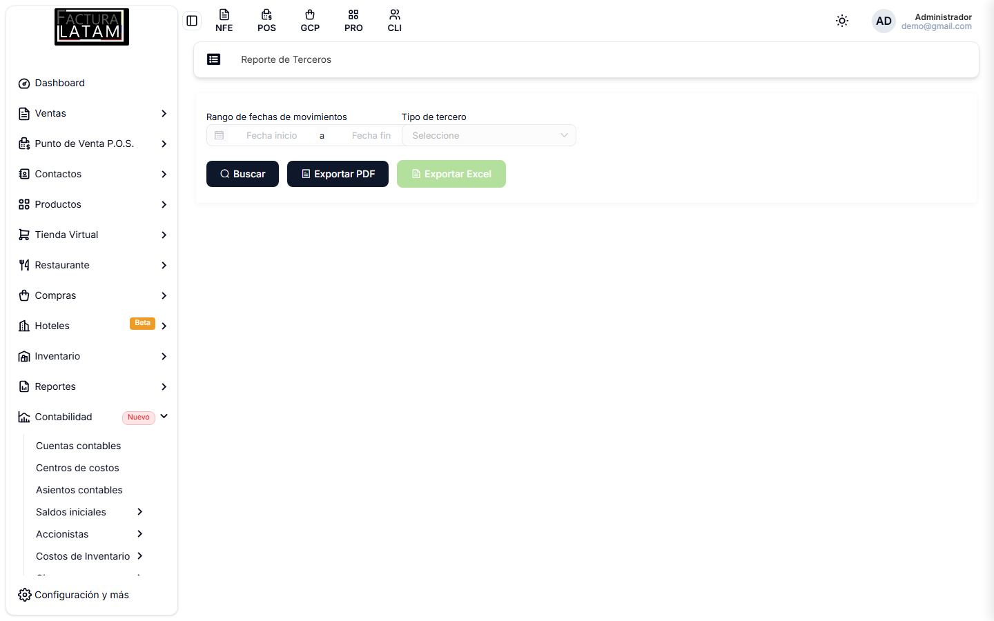 Reporte contable de Terceros