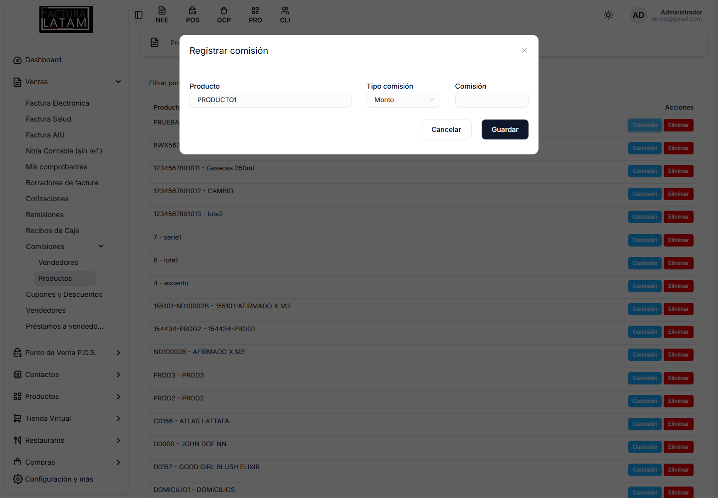 Ventana para asignar la comisión de un producto