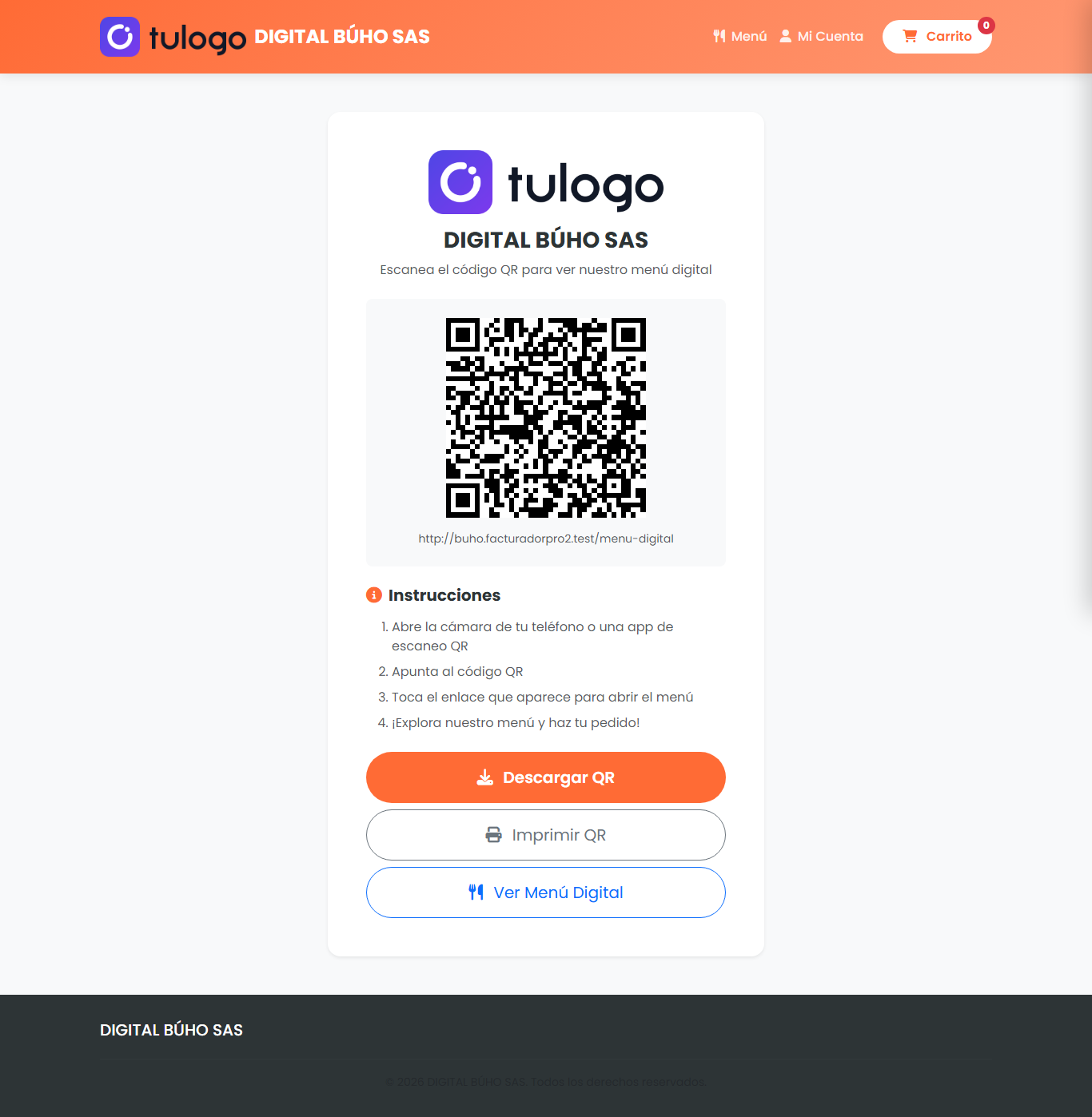 Página del código QR con el logo del negocio, el código, las instrucciones para el cliente y los botones Descargar QR, Imprimir QR y Ver Menú Digital